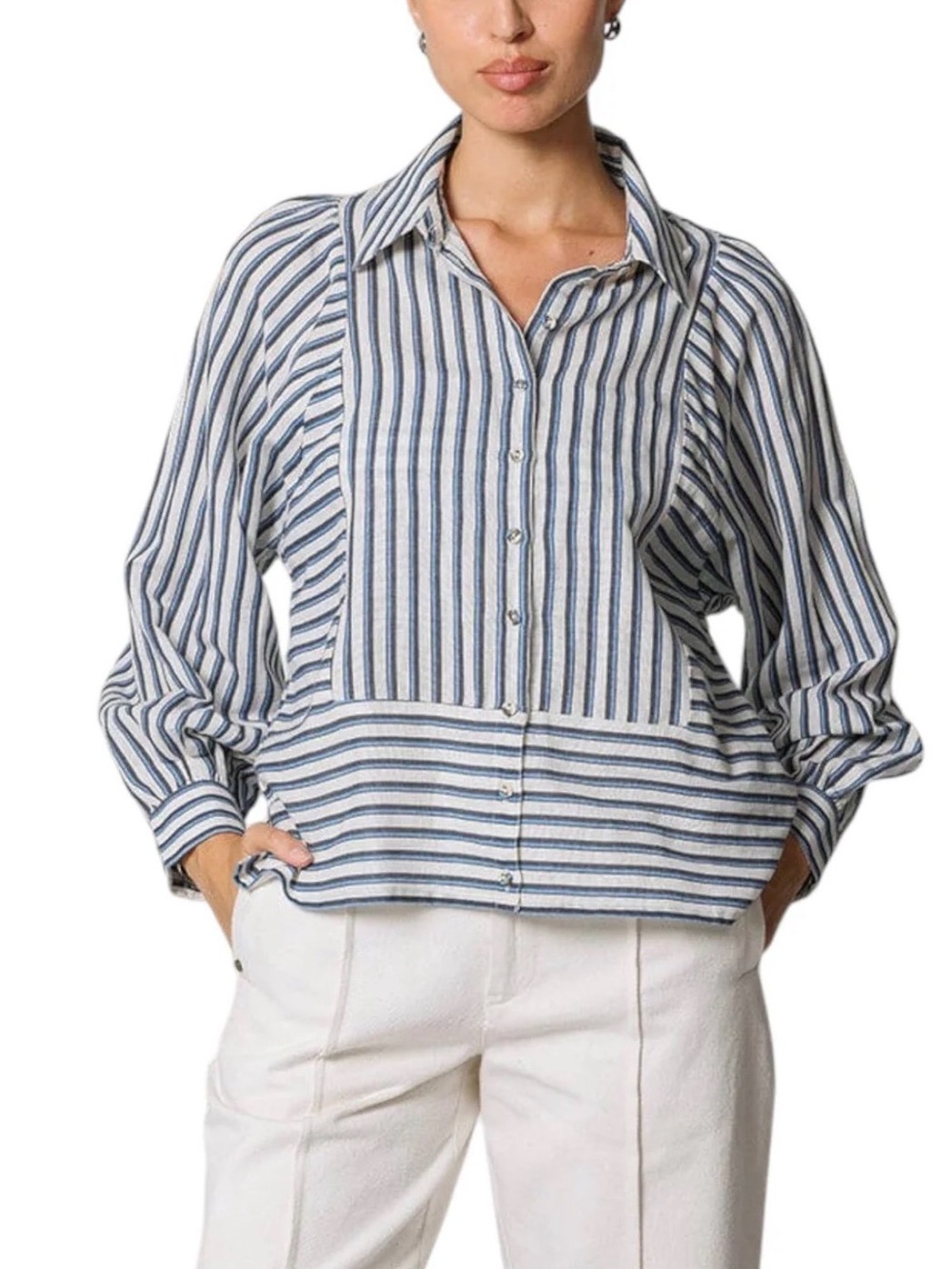 NWT Cleobella Blue & White Striped Button-Down Linen Blend Oversized Shirt